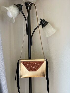 Handmade Gold Leather Crossbody Bag with Black Fringe and a Tooled Leather Flap